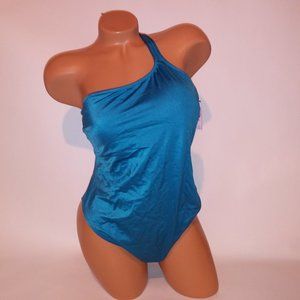 Victoria Secret One‎ Piece Swim XL Solid Blue One Shoulder Shimmer New